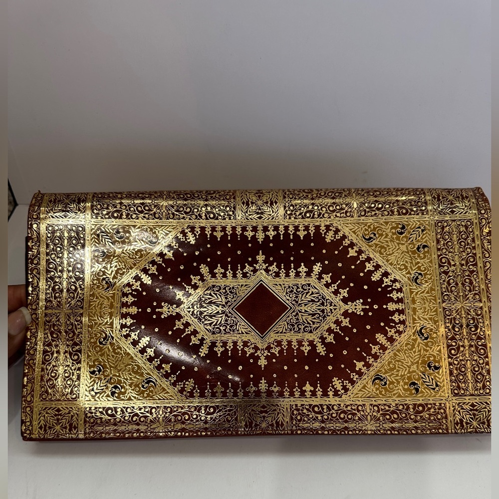 Vintage Elegant Brown Leather and Gold Clutch or Crossbody with Gold Chain Strap